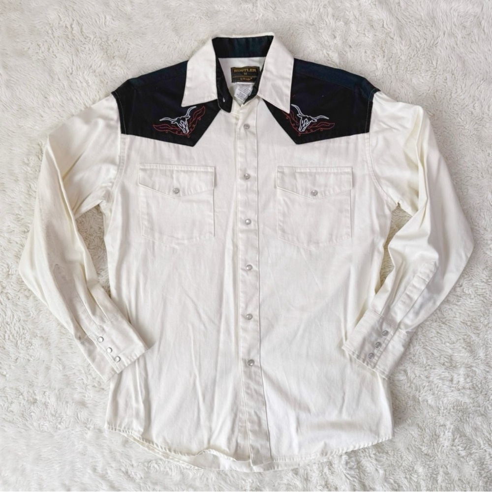 VTG Rustler Wrangler Men Western Cream Embroidery Button Down Long Sleeve MEDIUM - Picture 2 of 9